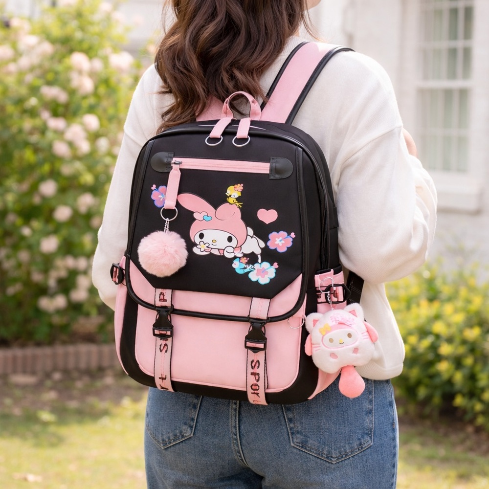 My Melody Backpack USB Charge Laptop Backpack Rucksack Travel Bag w Plush Charms - Picture 3 of 17